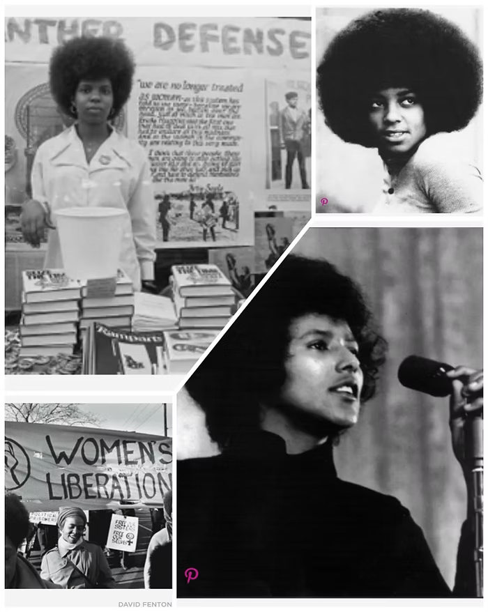 Schwarz-Weiß-Collage mit historischen Fotos einer Frau am Mikrofon und einem „Women's Liberation"-Transparent