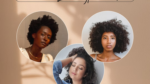 Grafik mit dem Text „Welcher Lockentyp bist du?" und drei kreisförmig angeordneten Portrait-Fotos von Frauen mit unterschiedlichen Lockenstrukturen