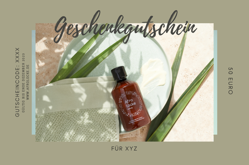 Afrolocke Geschenkgutschein in Grün mit Haaröl und Pflanzenblättern